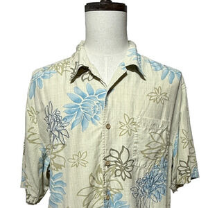 Quiksilver Shirt Mens XXL Cream Blue Silk Floral Tropical Button Up Beachy
